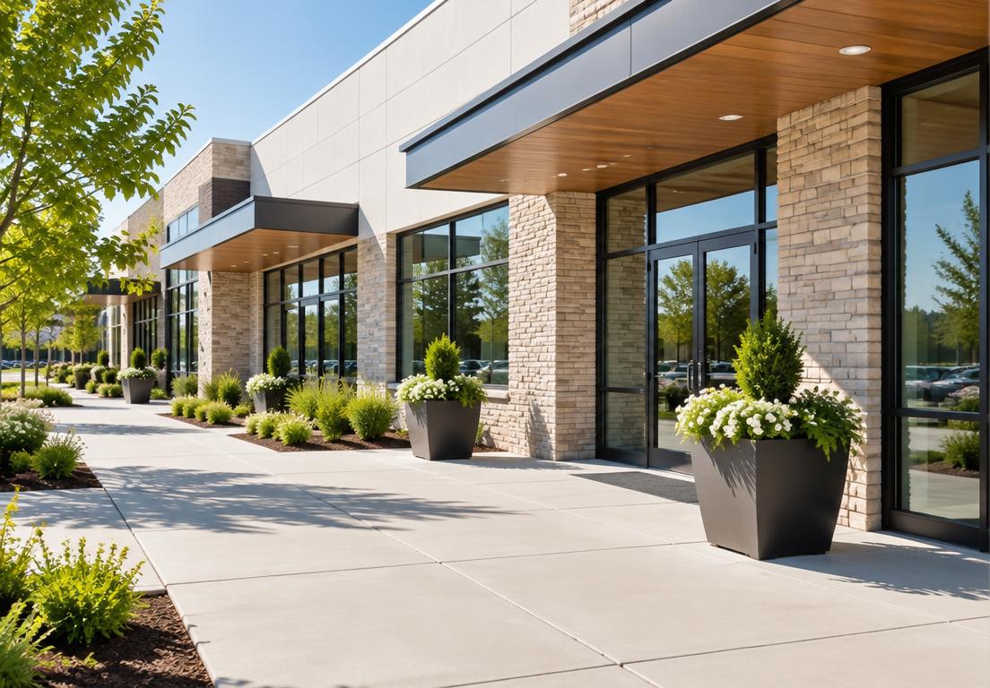 Clean modern commercial building and walkway